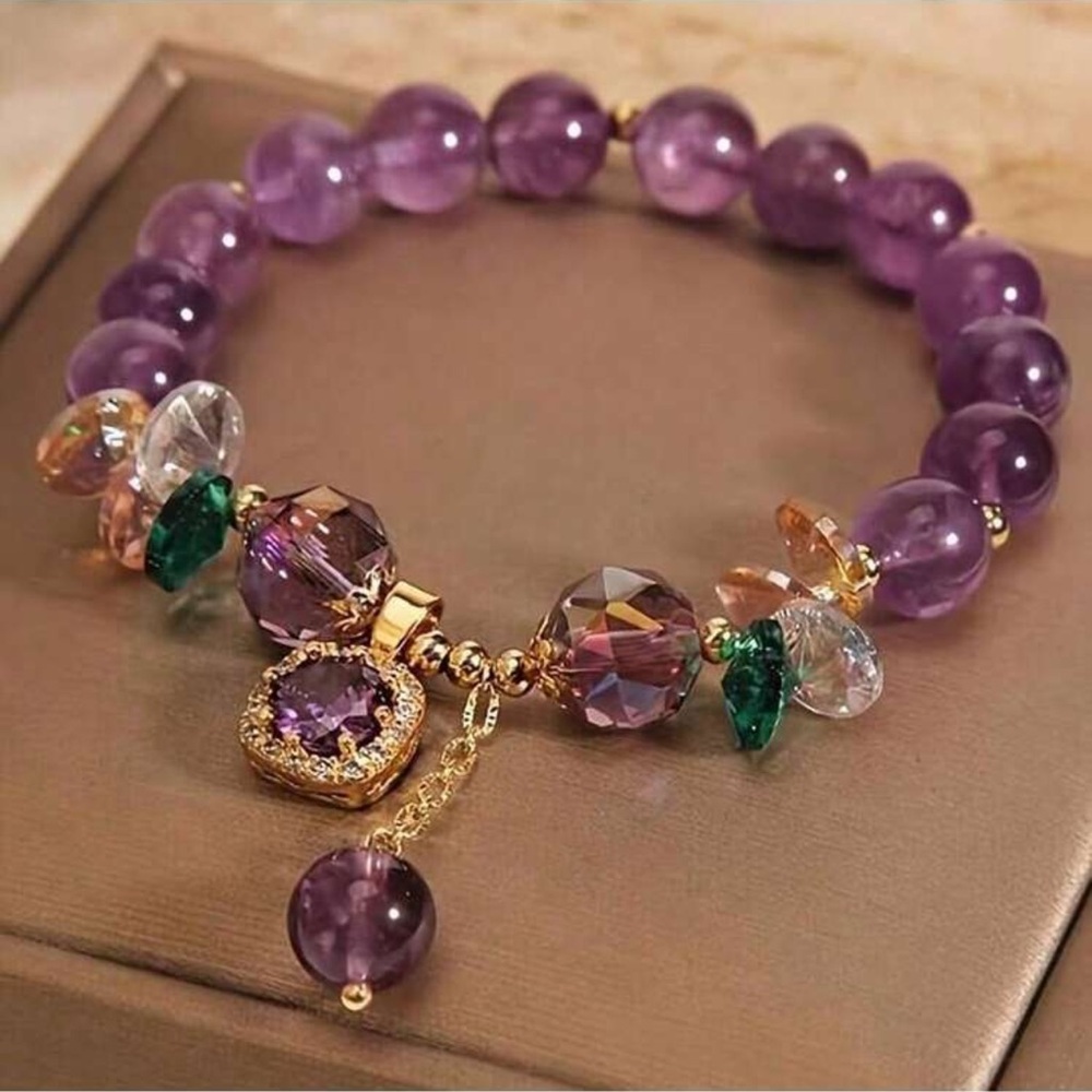 1Pc Elegant Purple Beaded Bracelet with Gold Accents/ Color Purple